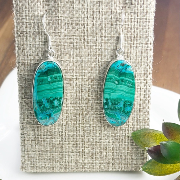 Southwest Jewelry - Solid Sterling Silver 925 Top Quality Malachite Chrysocolla Gemstone Earrings